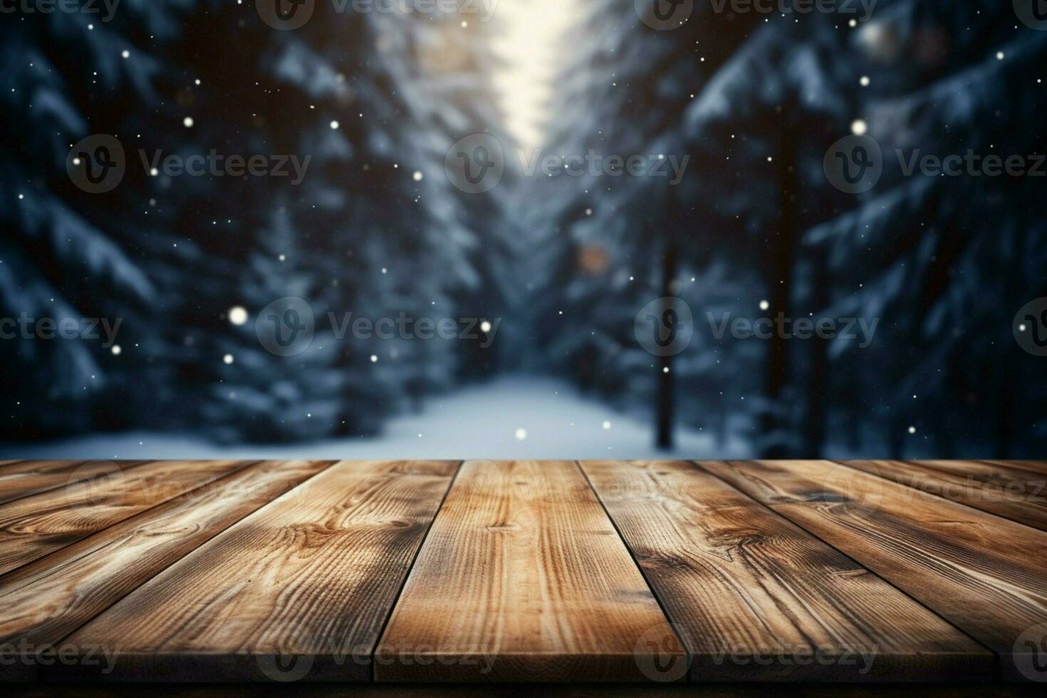 AI generated Empty Winter wood plank board Table With Snowfall AI Generated photo