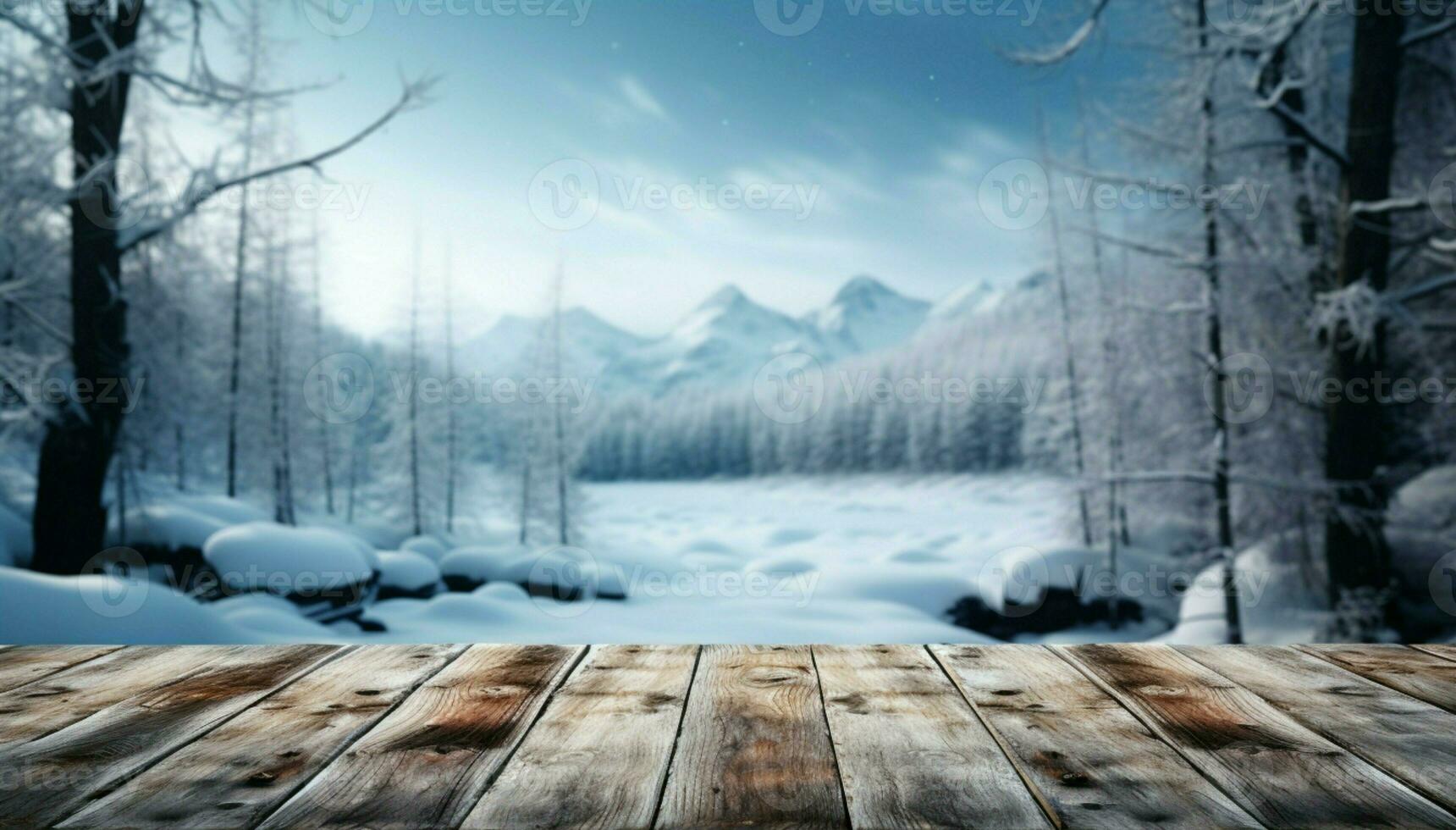 AI generated Empty Winter wood plank board Table With Snowfall AI Generated photo