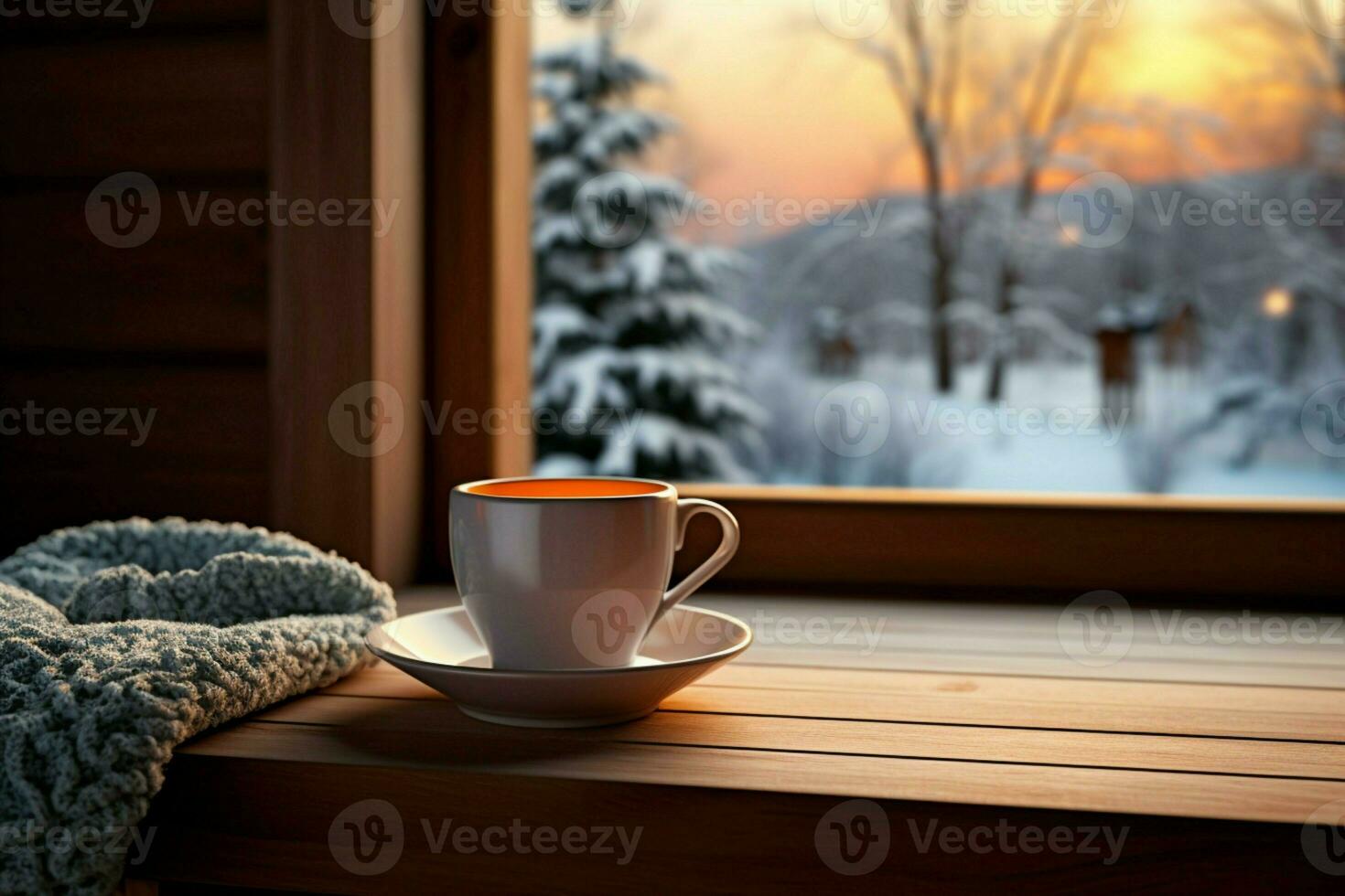 AI generated cup of tea or coffee mug on table near window Winter holidays AI Generated photo