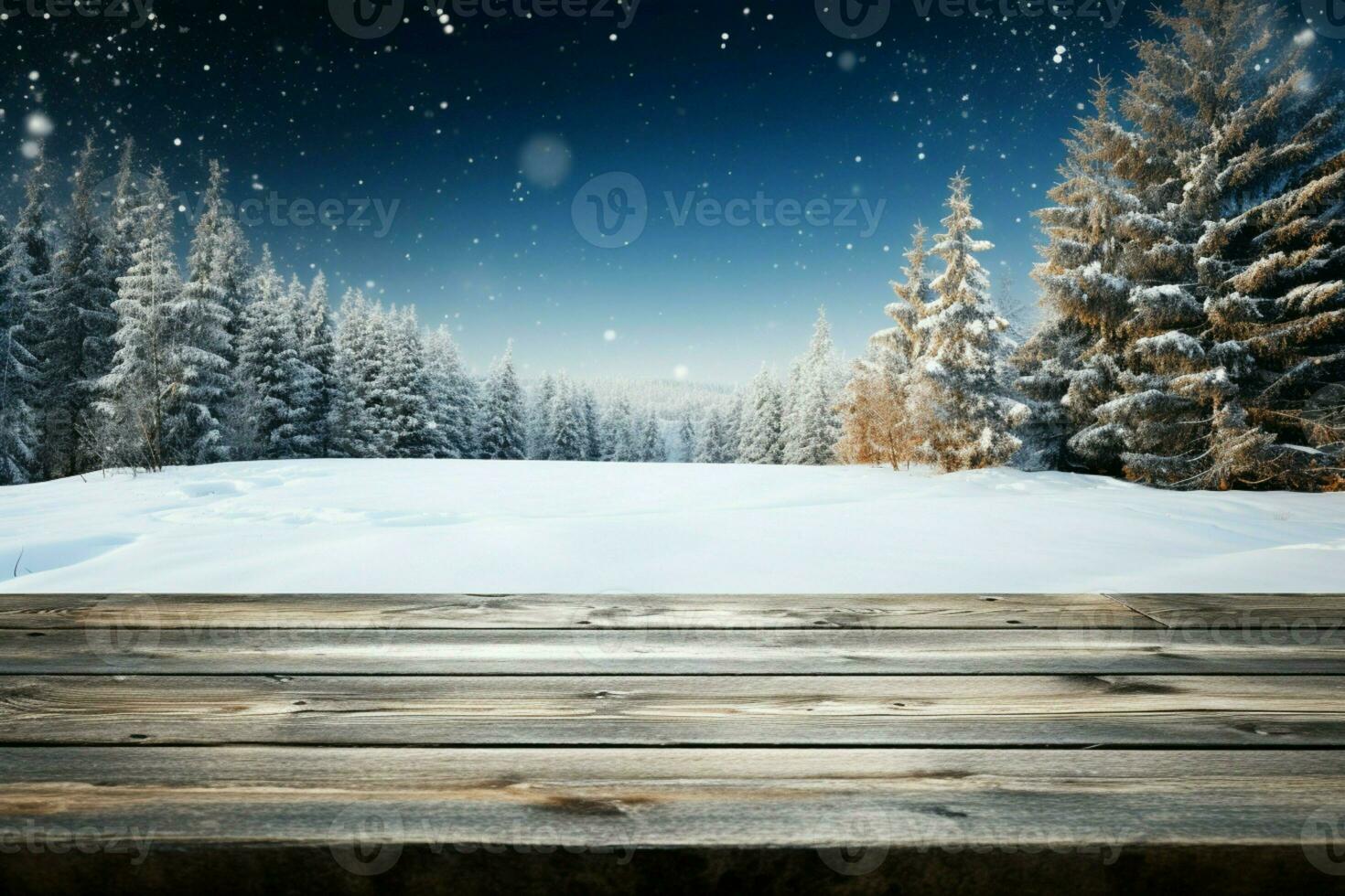 AI generated Empty Winter wood plank board Table With Snowfall AI Generated photo