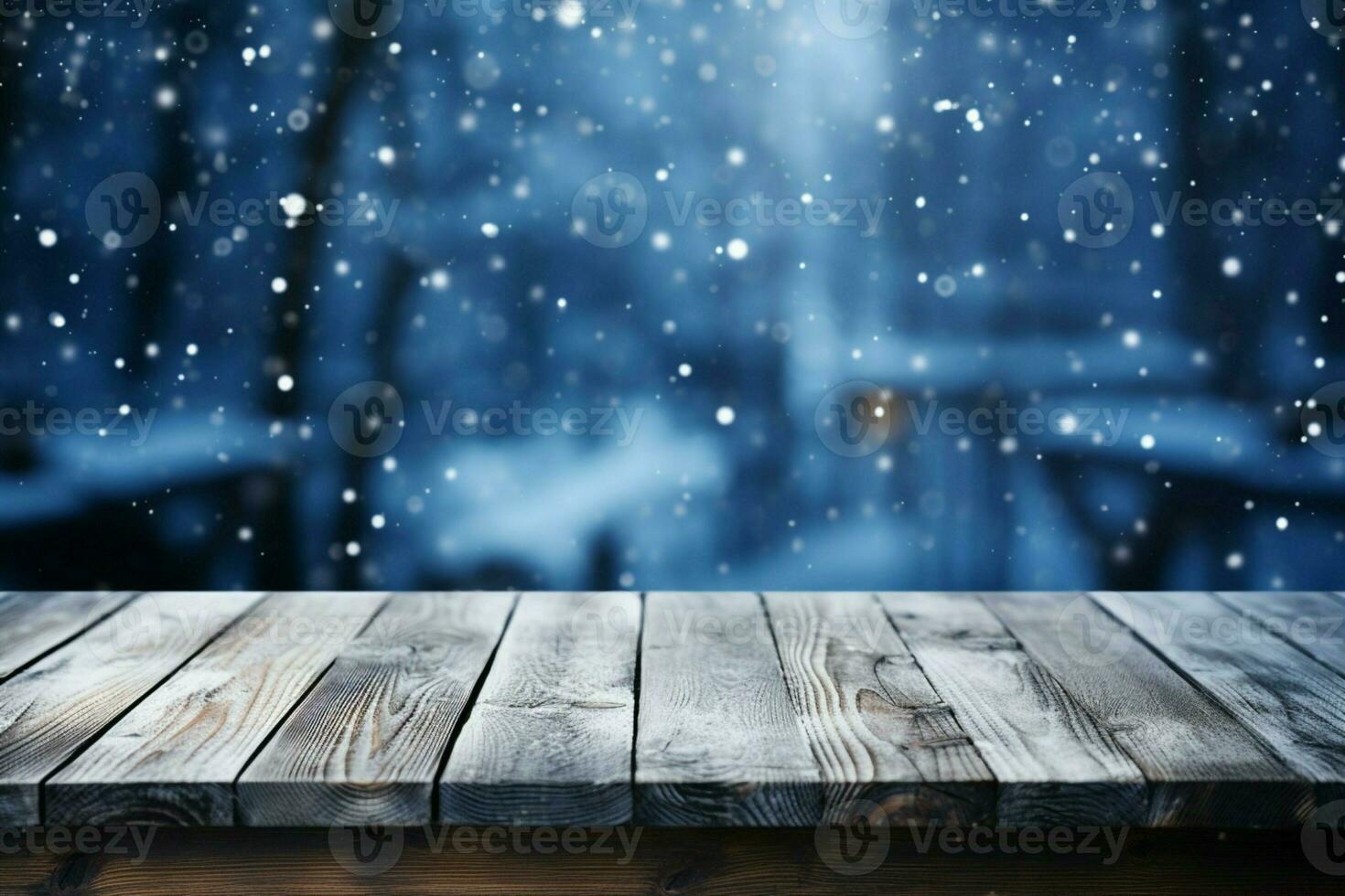 AI generated Empty Winter wood plank board Table With Snowfall AI Generated photo