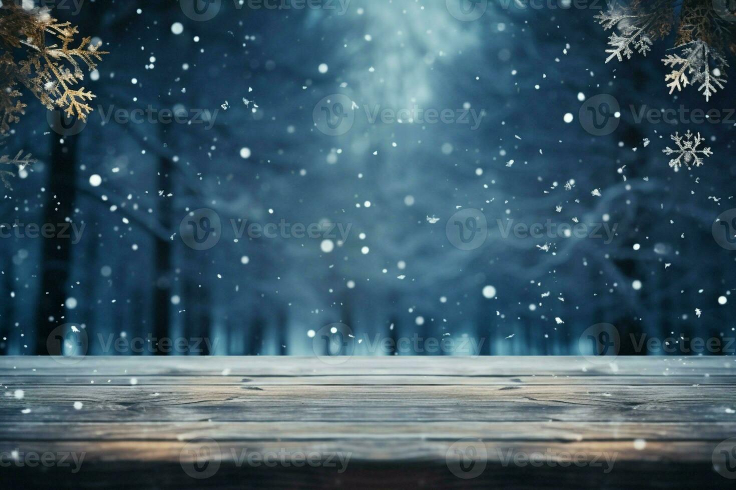 AI generated Empty Winter wood plank board Table With Snowfall AI Generated photo