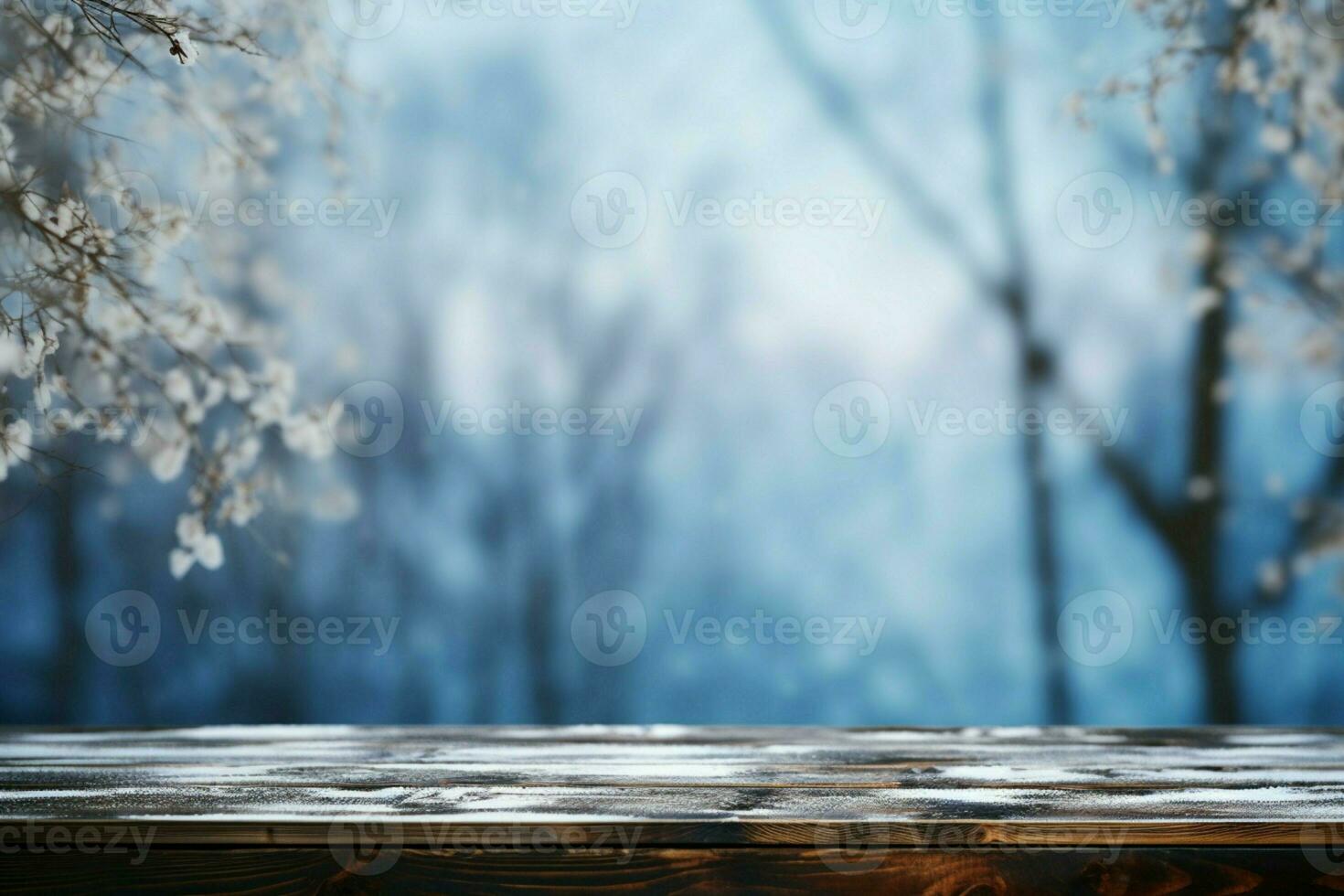 AI generated Empty Winter wood plank board Table With Snowfall AI Generated photo