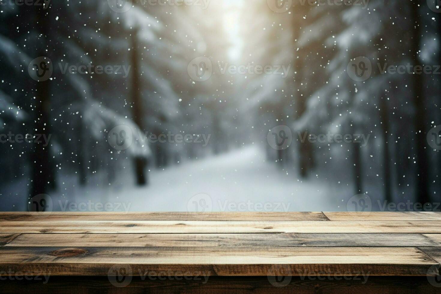 AI generated Empty Winter wood plank board Table With Snowfall AI Generated photo