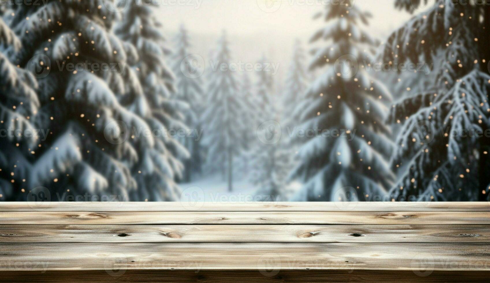 AI generated Empty Winter wood plank board Table With Snowfall AI Generated photo