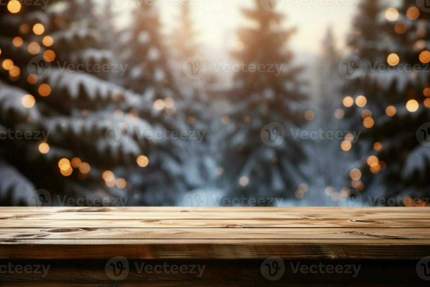 AI generated Empty Winter wood plank board Table With Snowfall AI Generated photo