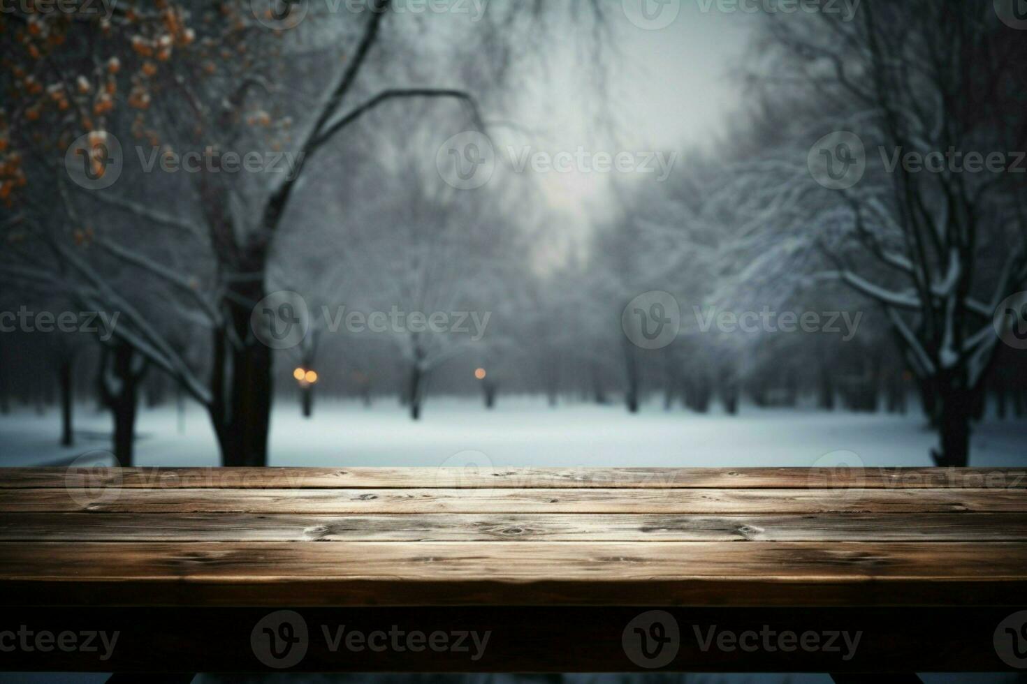 AI generated Empty Winter wood plank board Table With Snowfall AI Generated photo