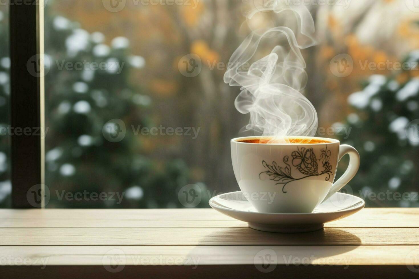AI generated cup of tea or coffee mug on table near window Winter holidays AI Generated photo