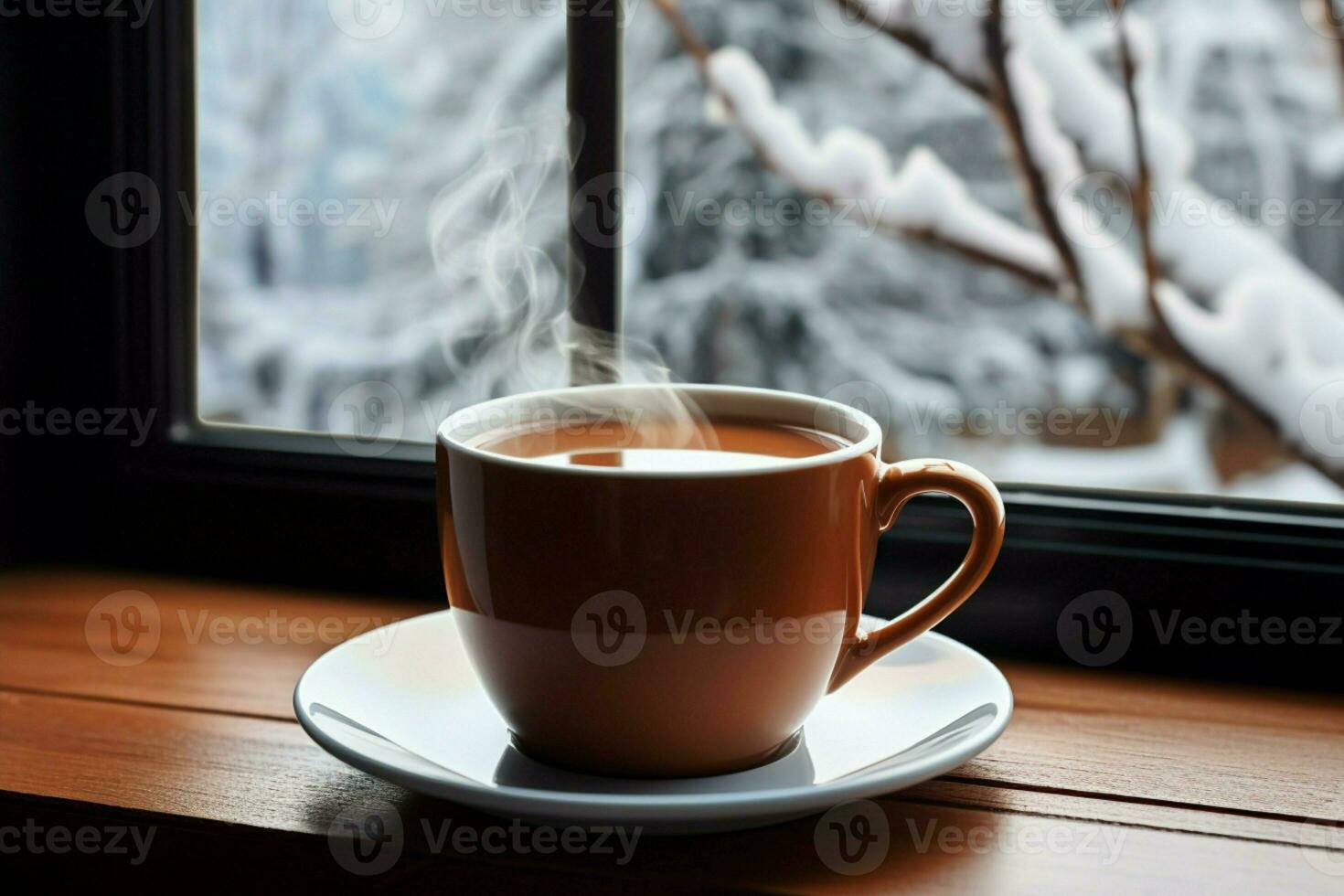 ai generado taza de té o café jarra en mesa cerca ventana invierno Días festivos ai generado foto