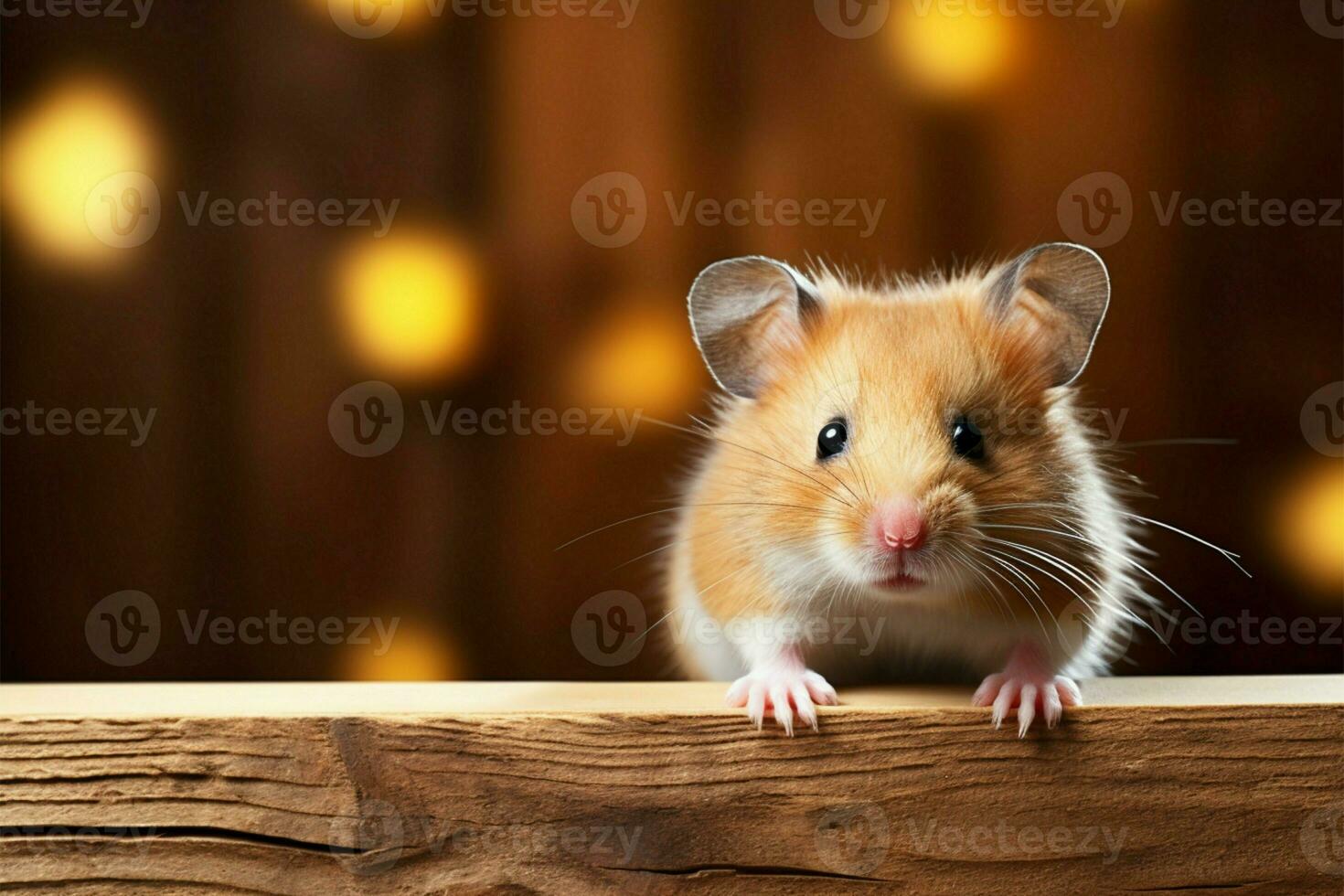 Fluffy cheeked hamster up close against a rustic wooden texture AI Generated photo