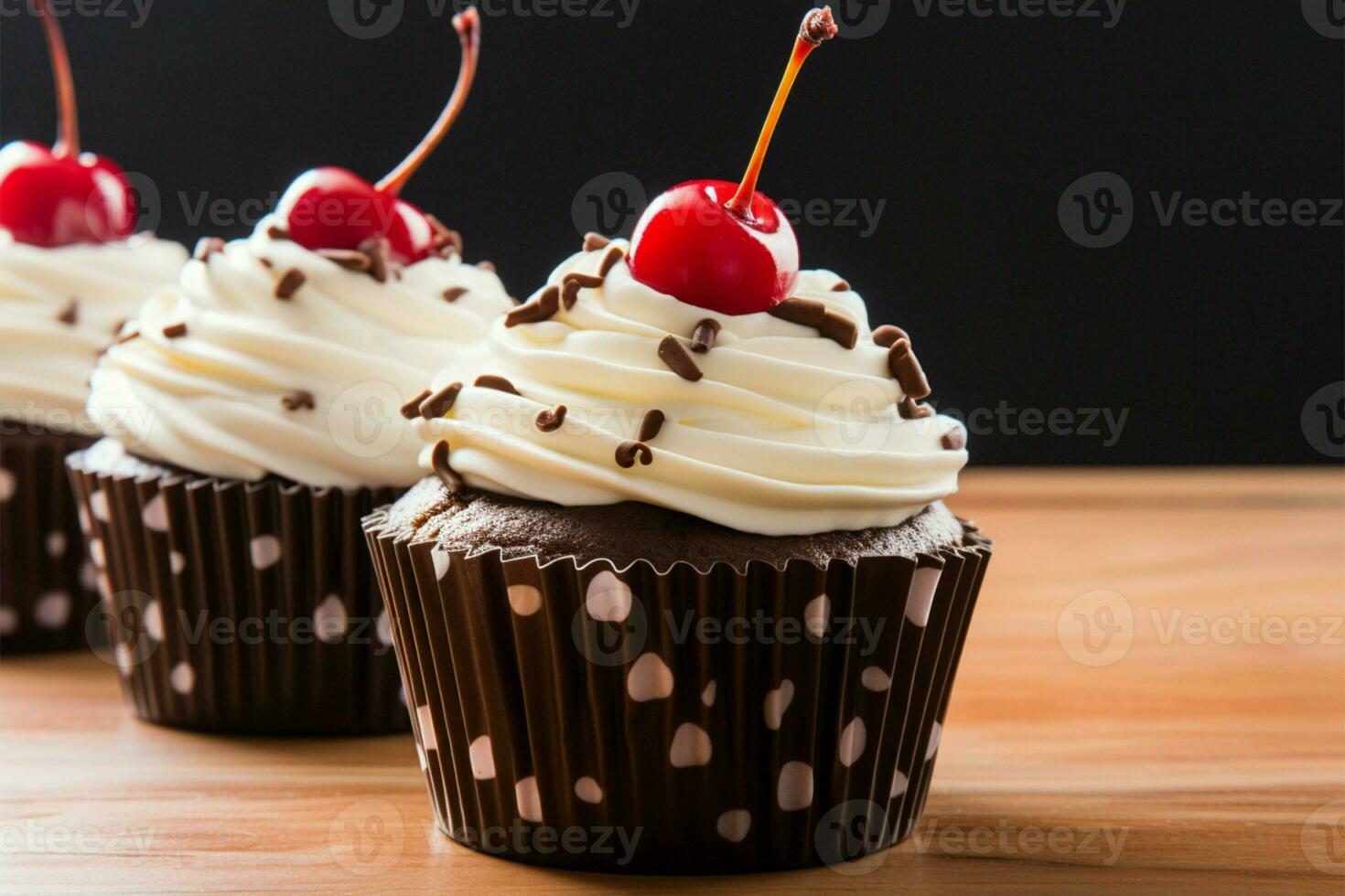 Indulgent chocolate cupcake, a sweet delight with a red cherry AI Generated photo