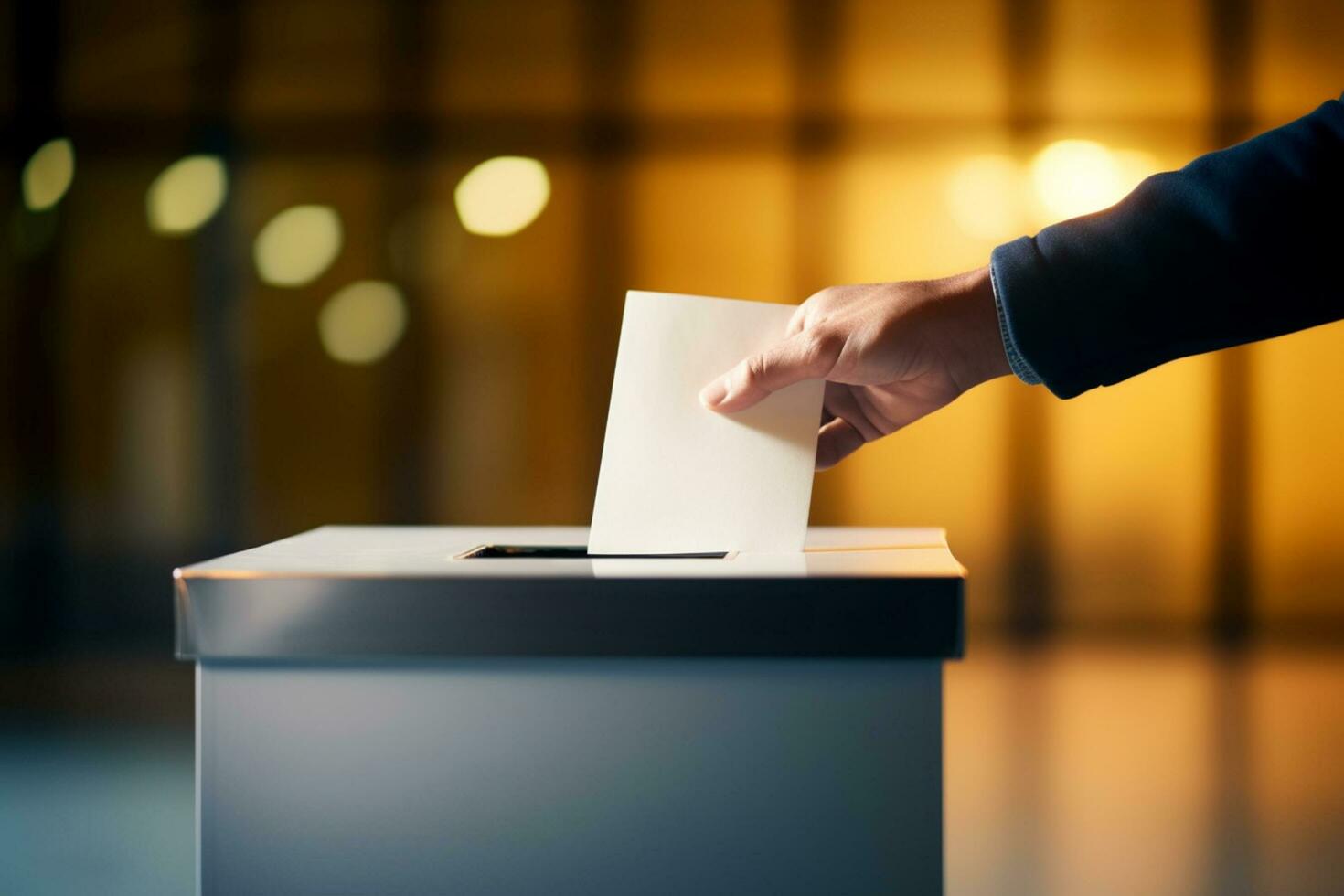 AI generated Close-up of male hand putting voting card into the ballot box photo