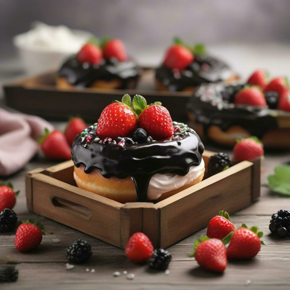 AI generated Cupcakes with black frosting and berries on top photo