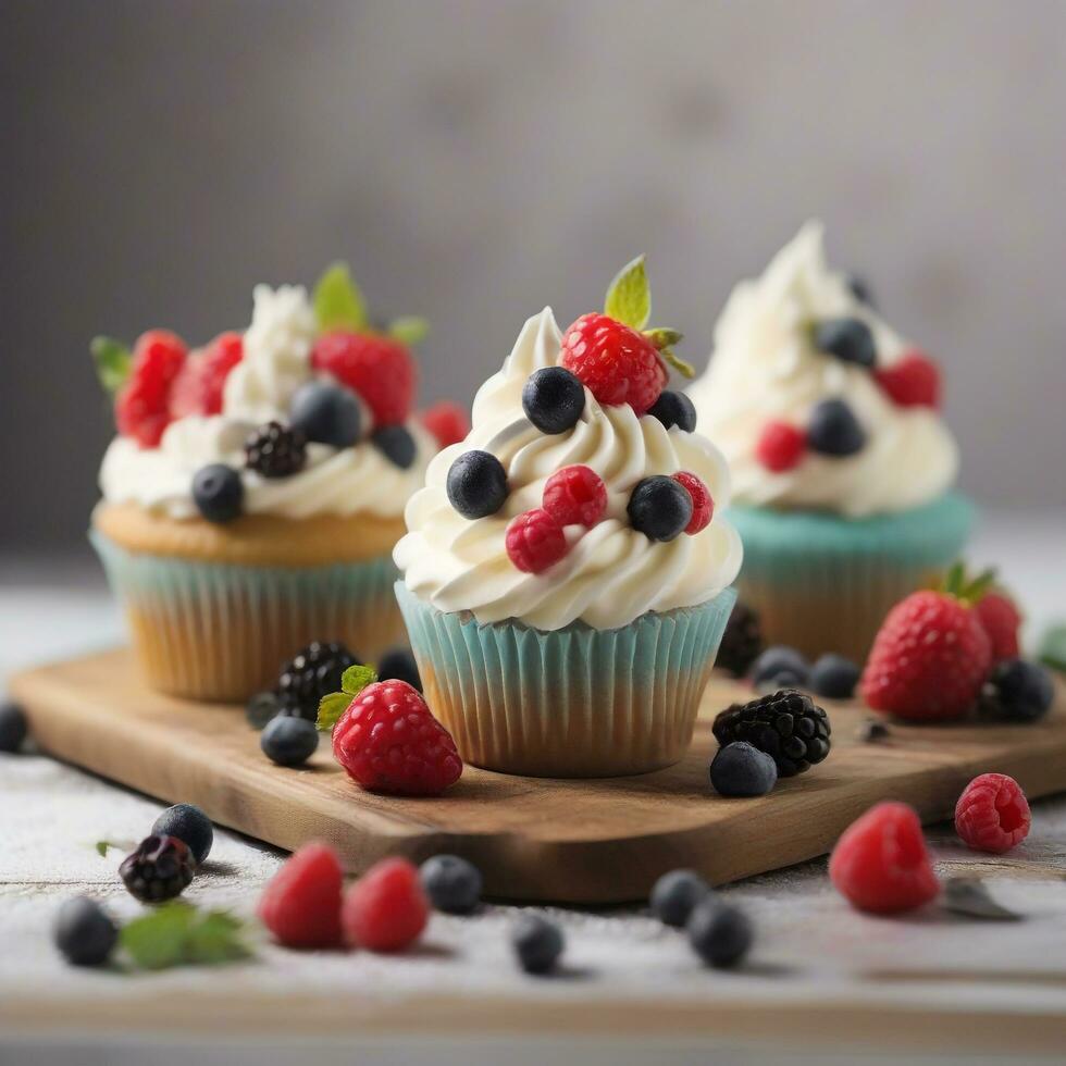 AI generated Three cupcakes with white frosting and berries on top photo