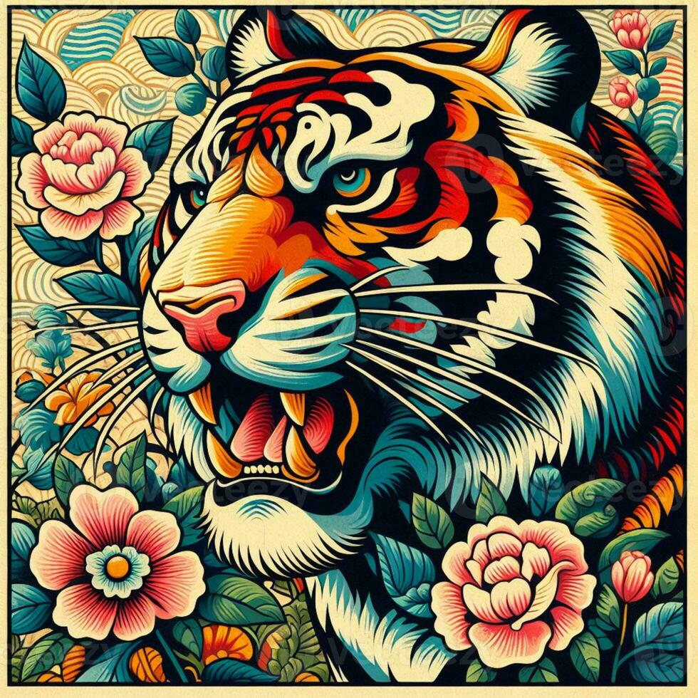AI generated illustration of colorful tiger. vintage emblem style. photo