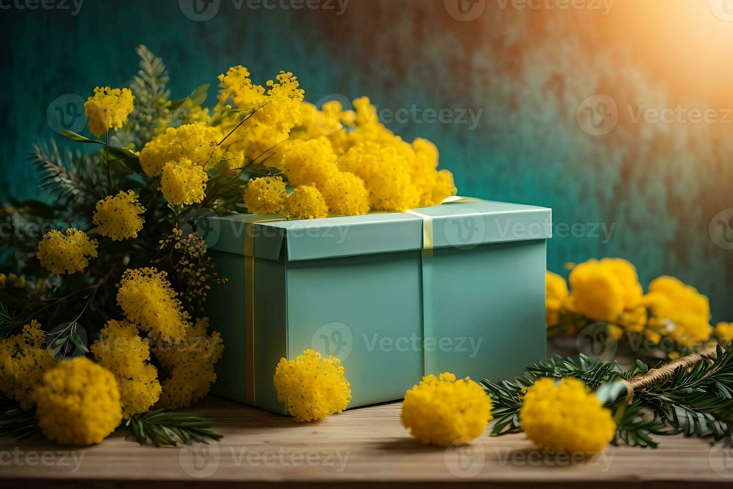 AI generated Gift box with a bouquet of mimosa. Vintage greeting card for International Women's Day, Mother's Day, Valentine's Day, Birthday photo
