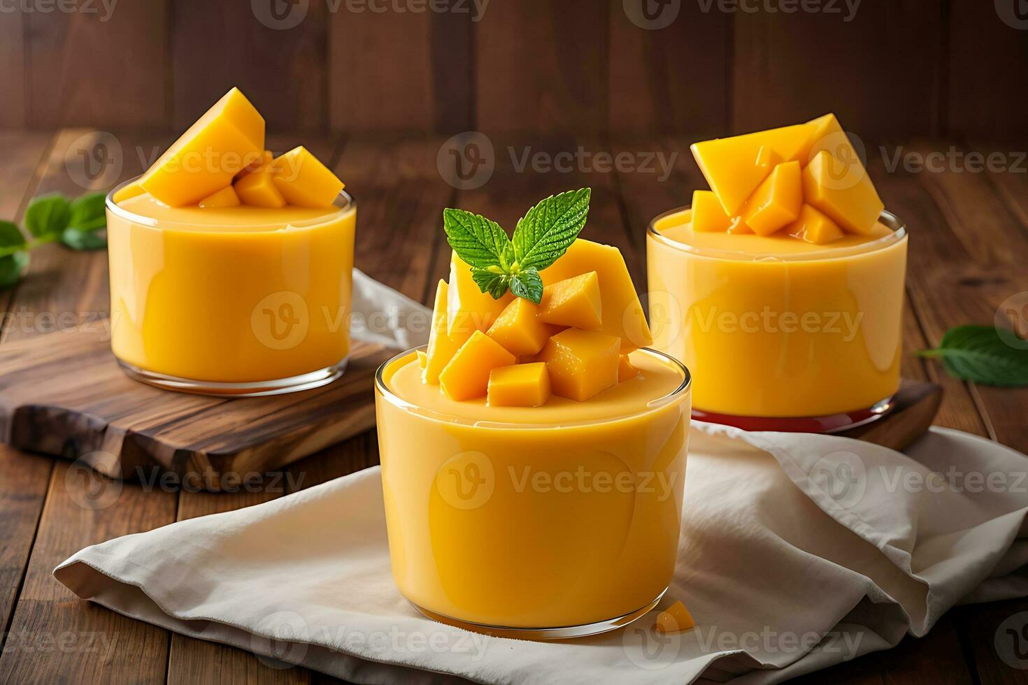 AI generated Delicious mango panna cotta mousse pudding with diced mango pulp flesh topping on wooden table background. Italian cuisine photo