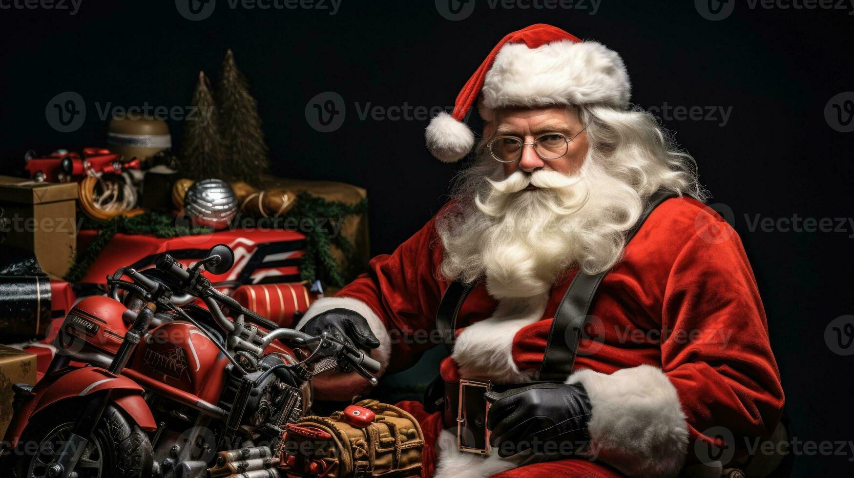 AI generated Santa Claus with vintage retro toys on background with copy space photo
