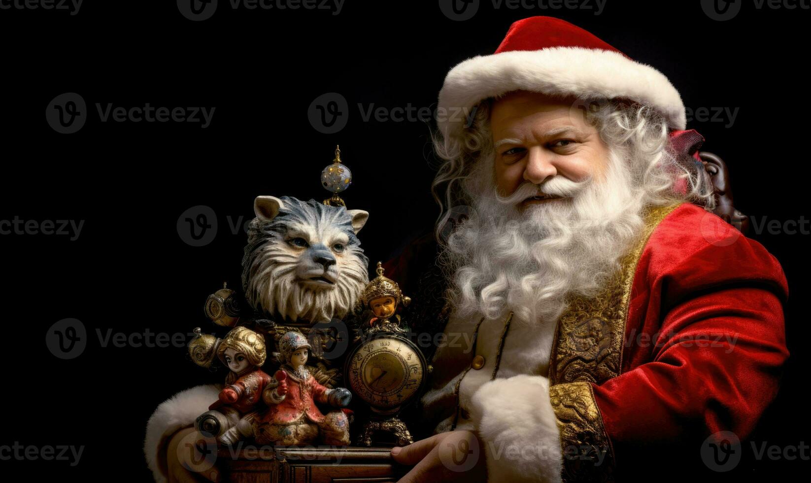 AI generated Santa Claus with vintage retro toys on background with copy space photo