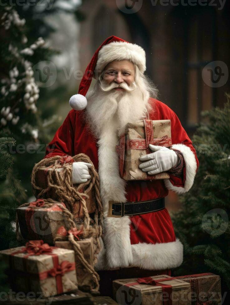 AI generated Happy Santa holding a box full of gifts photo