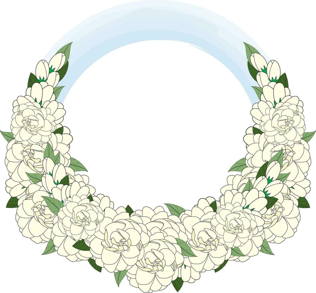 Illustration of white jasmine flower with leaves on blue circle background. vector