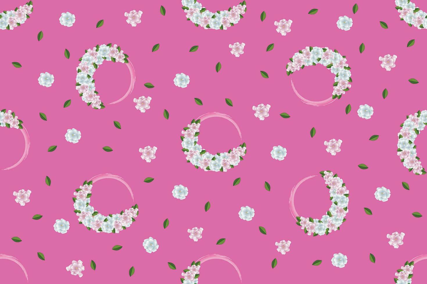 Illustration of Gerdenia or Cape jasmine flower bouquet with leaves on pink background. vector