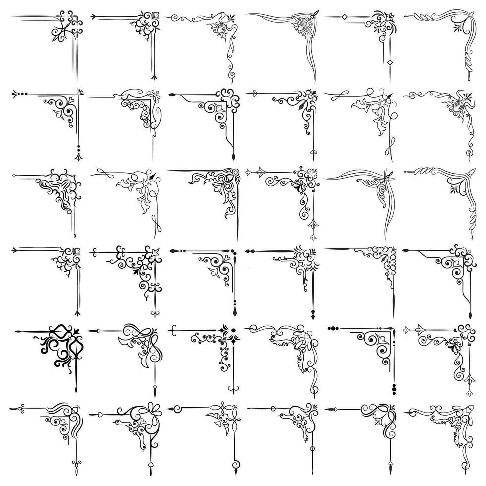 Vector illustration of decorative corner frame set. Hand Draw of Corners Different Shapes Flower Decoration Vector Design Doodle Sketch Style for Wedding and Banner.