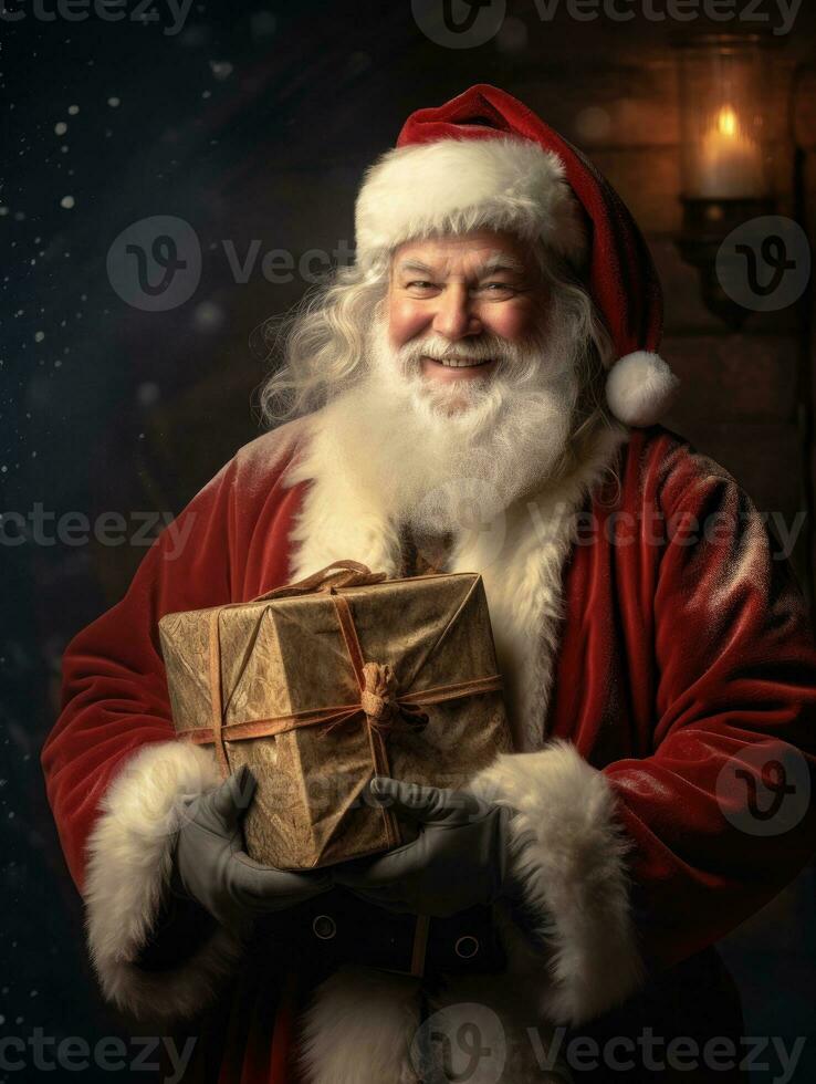 AI generated Happy Santa holding a box full of gifts photo