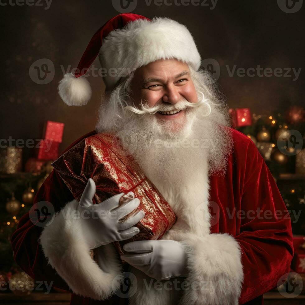 AI generated Happy Santa holding a box full of gifts photo