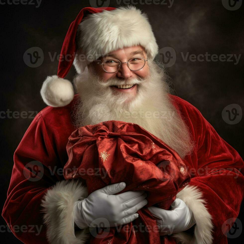 AI generated Happy Santa holding a box full of gifts photo