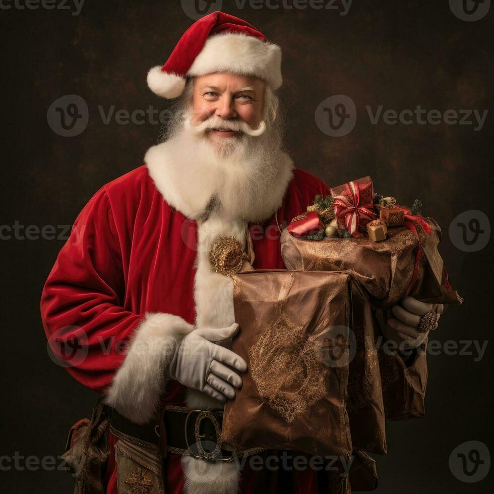 AI generated Happy Santa holding a box full of gifts photo