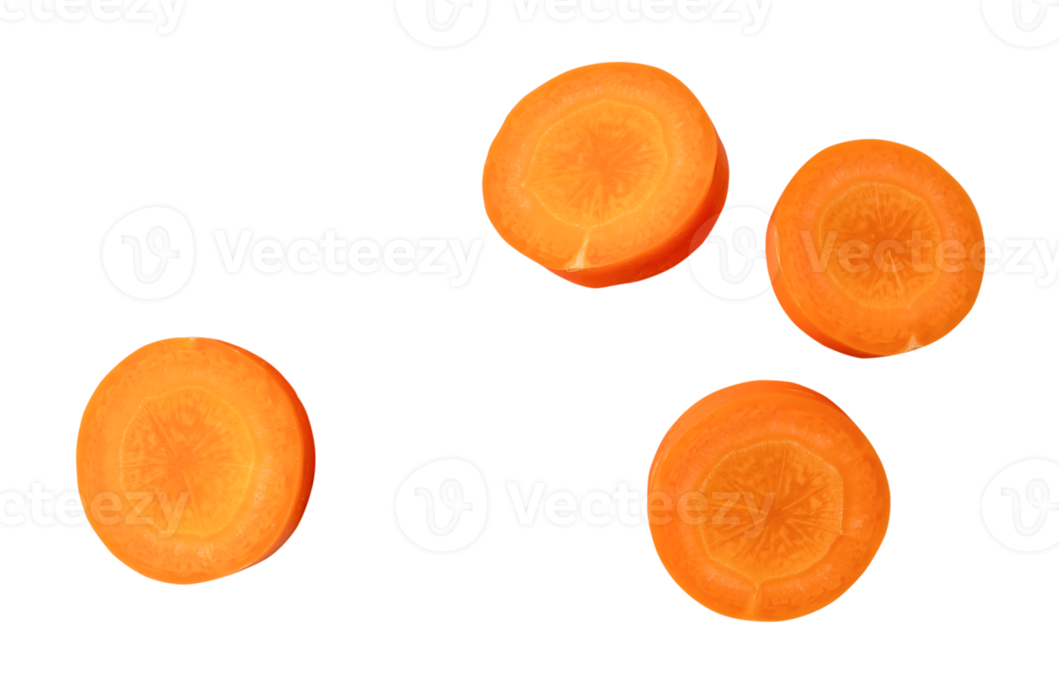 Top view of fresh beautiful orange or yellow carrot slices isolated with clipping path in png file format