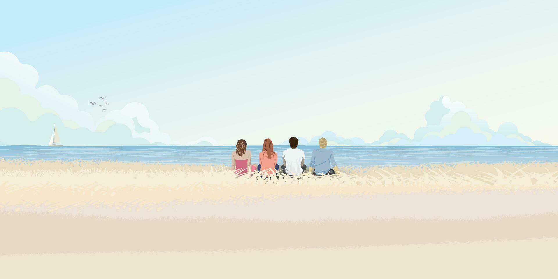 Group of friends sitting on field at coastal and tropical blue sea in autumn season vector illustration. Friendship's travelling concept flat design.