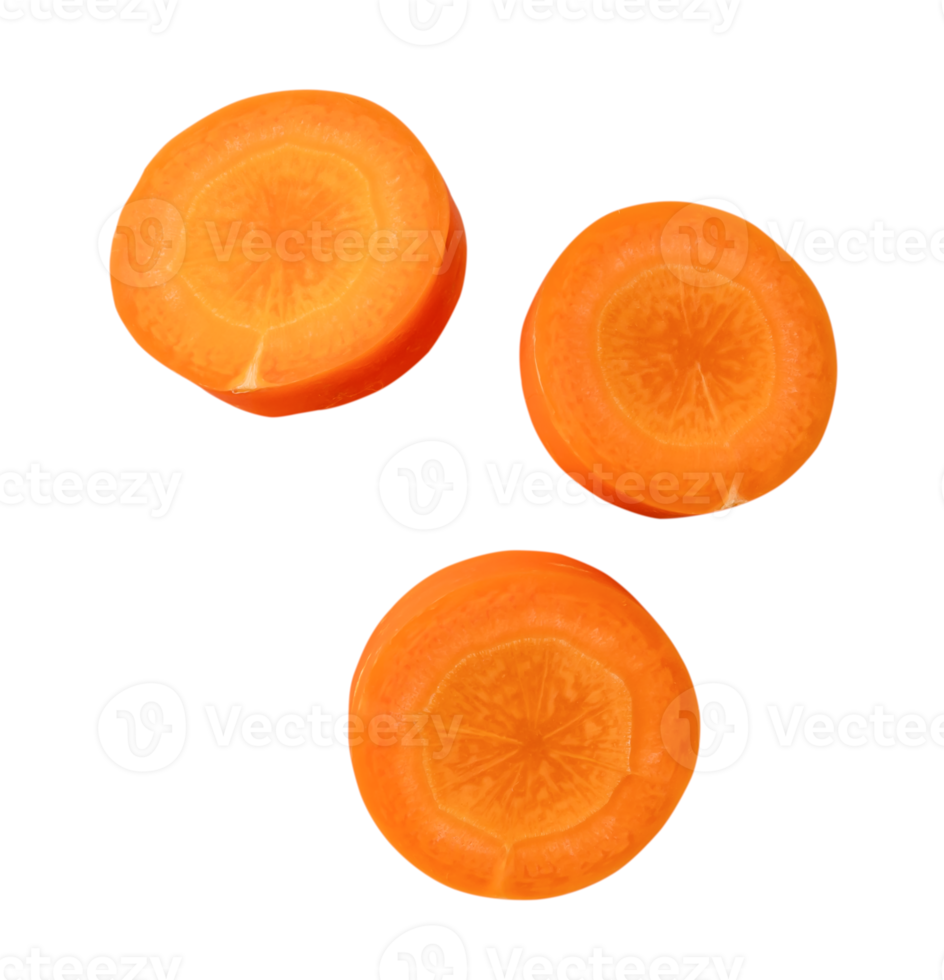 Top view set of fresh beautiful orange carrot slices isolated with clipping path in png file format