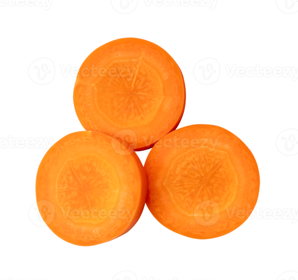 Top view of fresh beautiful orange carrot slices isolated with clipping path in png file format