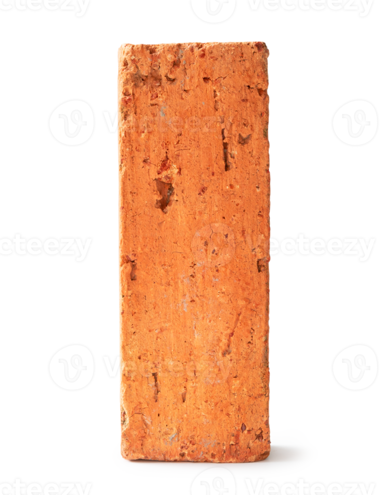 Single cracked old red or orange brick isolated with clipping path and shadow in png file format