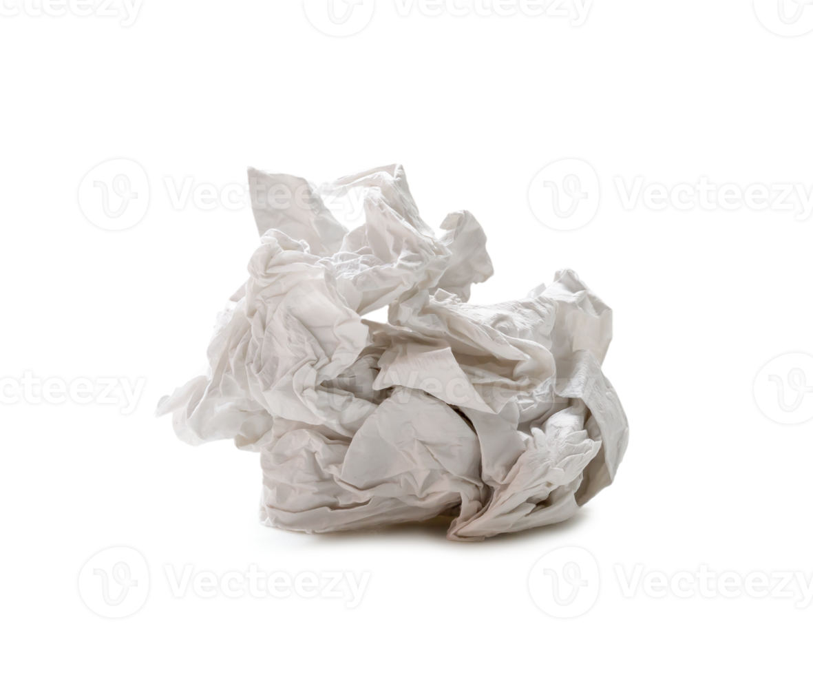 Single screwed or crumpled tissue paper or napkin in strange shape after use in toilet or restroom isolated with clipping path and shadow in png file format