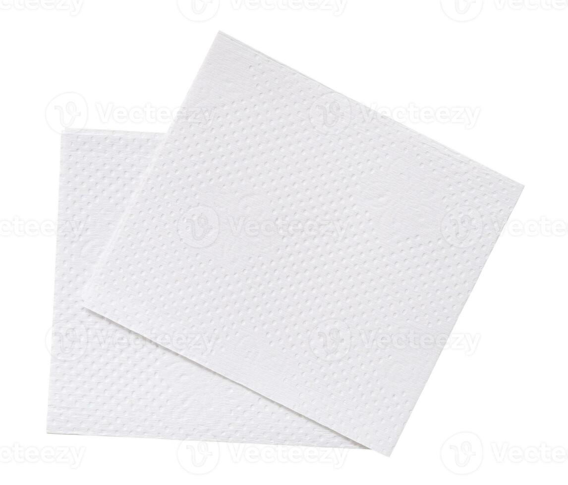 Two folded pieces of white tissue paper or napkin in stack tidily prepared for use in toilet or restroom isolated on white background with clipping path photo