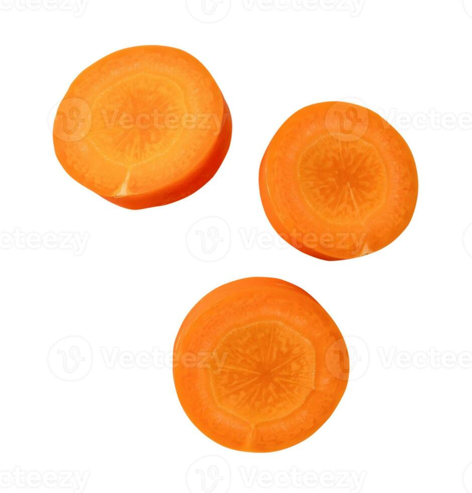 Top view set of fresh beautiful orange carrot slices isolated on white background with clipping path photo