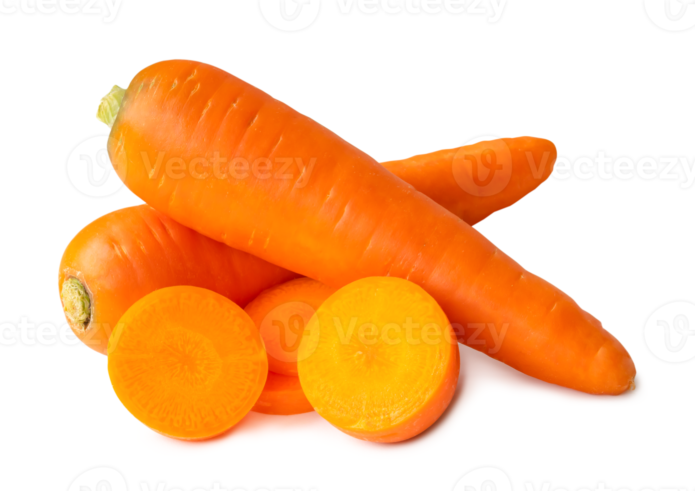 Two fresh orange carrots with slices in stack isolated with clipping path and shadow in png file format Close up of healthy vegetable root