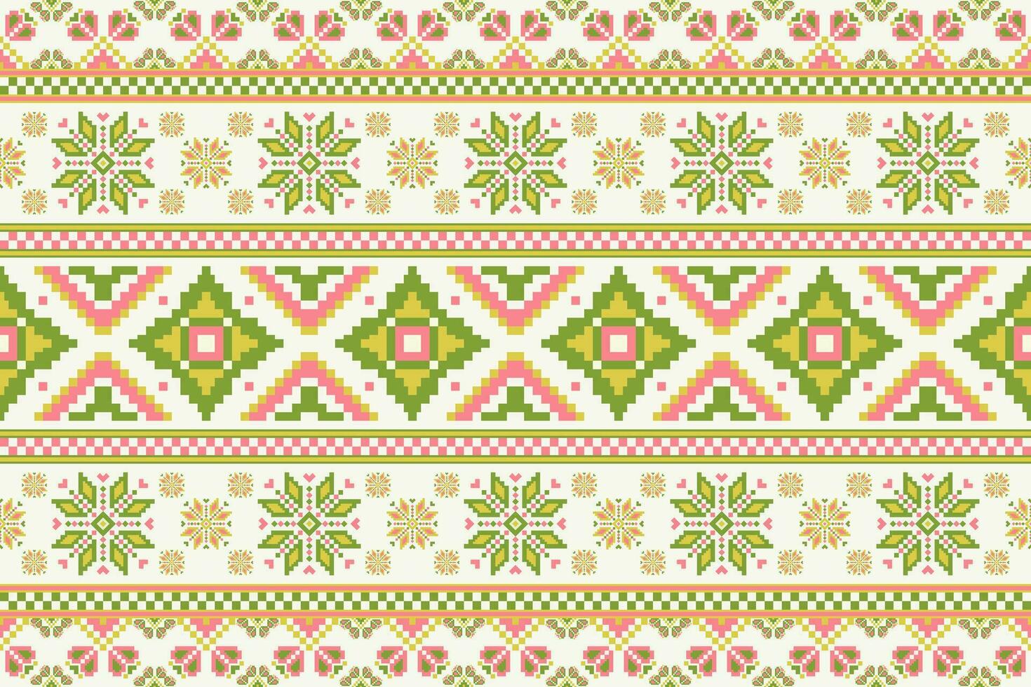 Ethnic geometric floral colorful pattern. Geometric floral shape seamless pattern embroidery pixel art style. Ethnic geometric pattern use for textile, home decoration elements, upholstery, etc vector