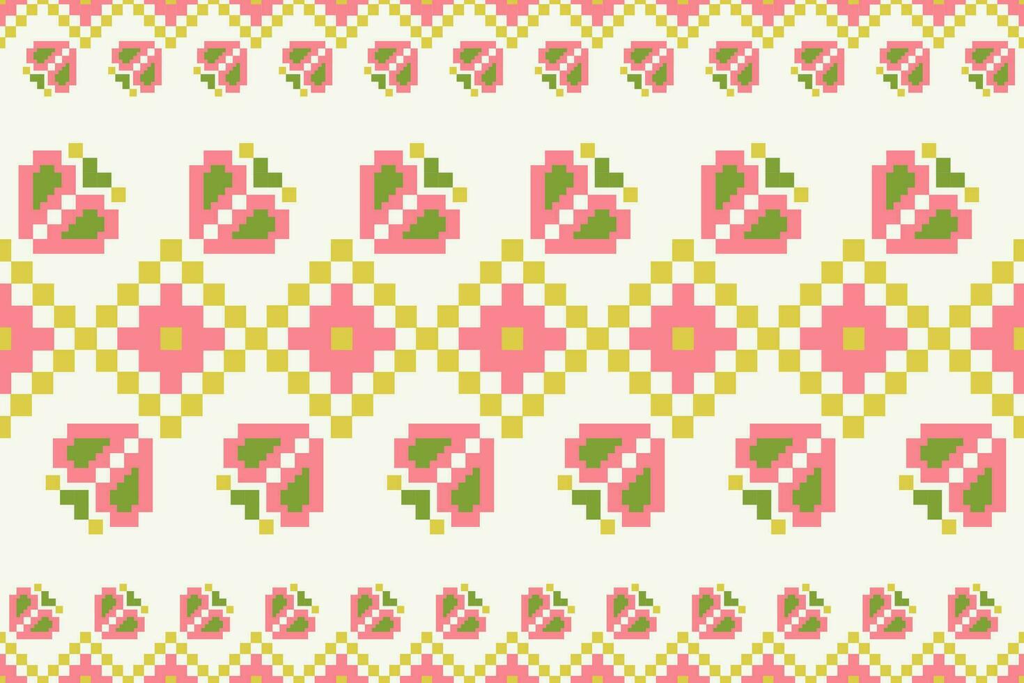 Ethnic floral colorful embroidery border pattern. Geometric floral shape seamless pattern pixel art style. Ethnic geometric stitch pattern use for textile border, table runner, tablecloth, etc. vector