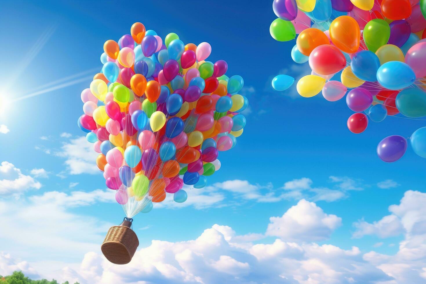 AI generated Colorful balloons flying in the blue sky with sun. 3d rendering, A colorful bunch of balloons floating in the air, AI Generated photo