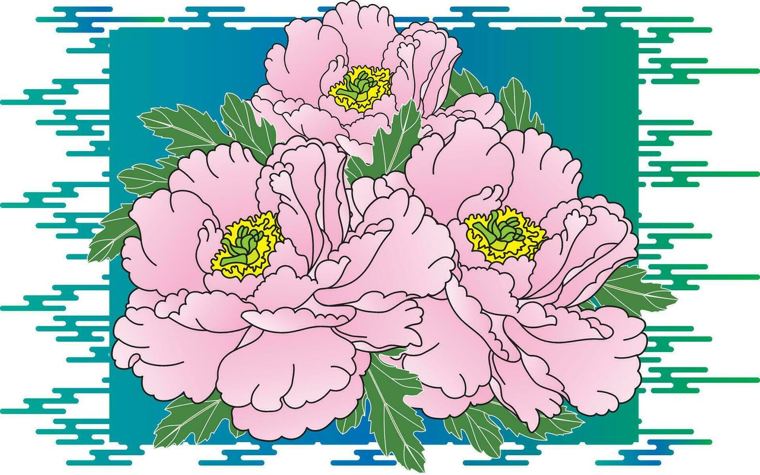 Illustration of the pink peony flower with leaves on blue background. vector