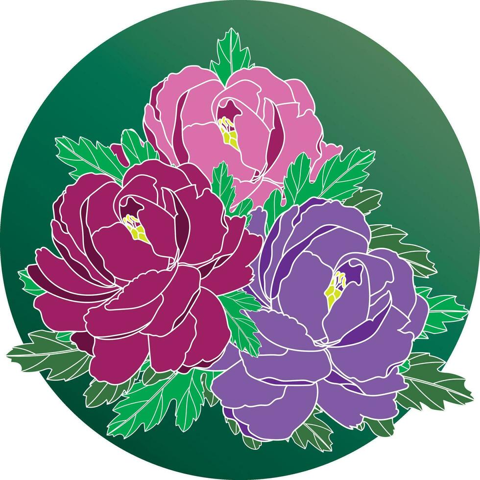 Illustration of the peony flower with leaves on green circle background. vector