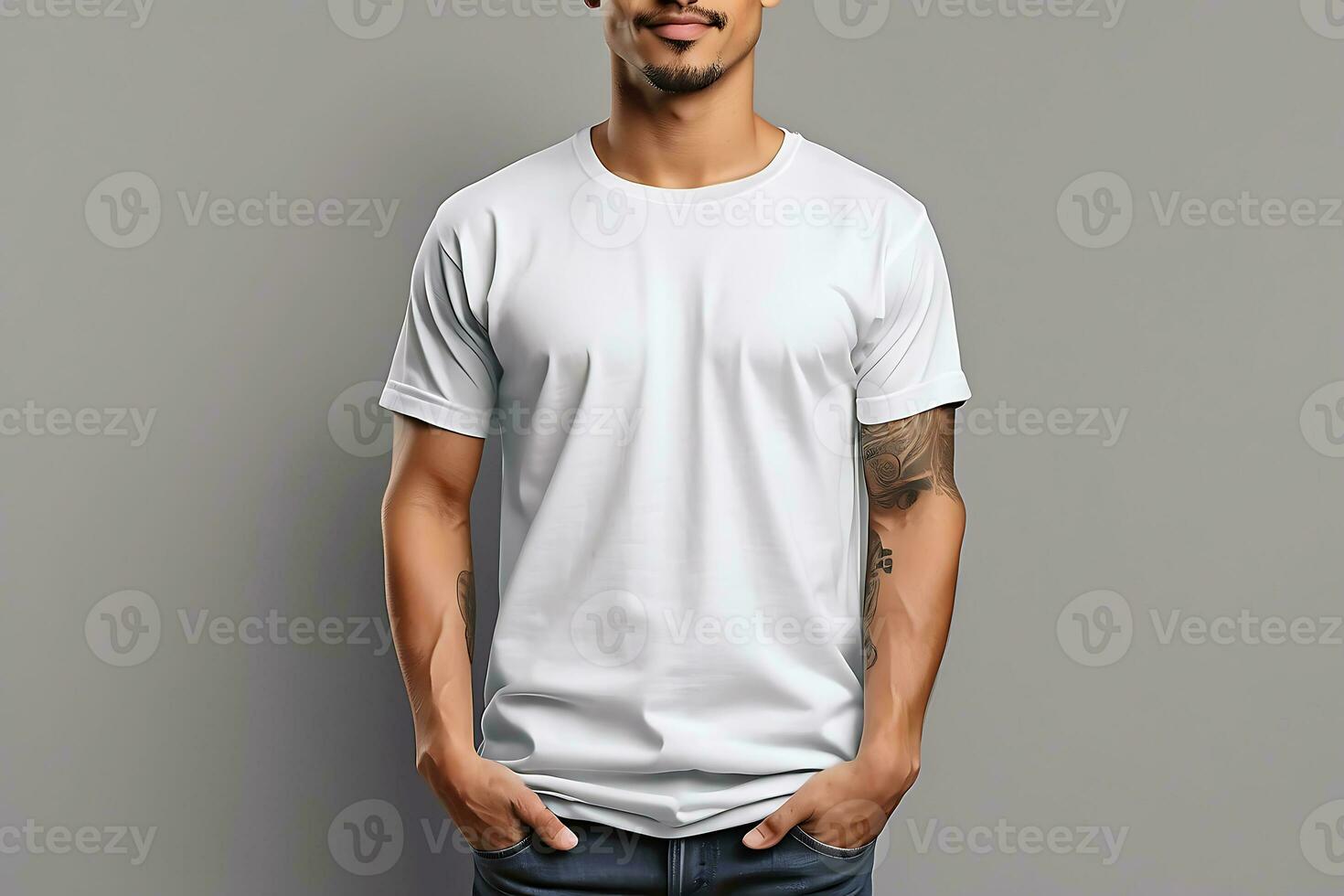 AI generated Blank T-Shirt Mockup with wooden backgrounds,T-shirt mockup. White blank t-shirt front and back views. photo