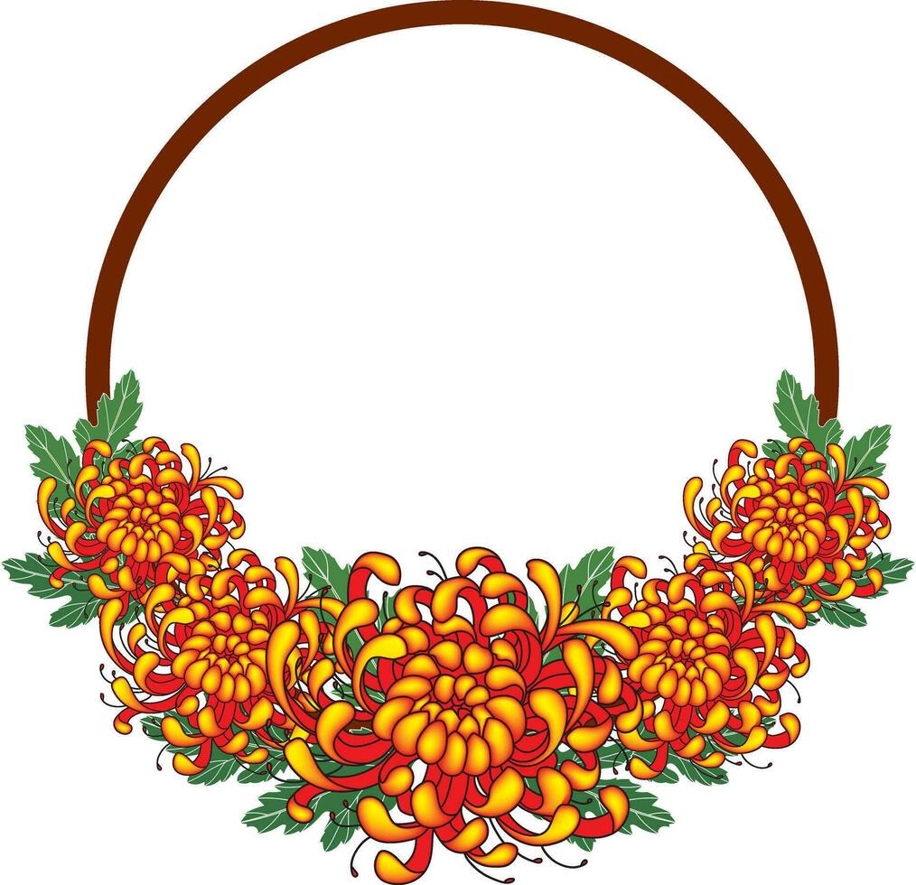 ilustración ramo de flores de crisantemo flor con hojas y marrón circulo antecedentes. vector