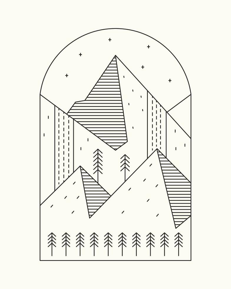 The beauty of the mountain and waterfall mono line vector design illustration