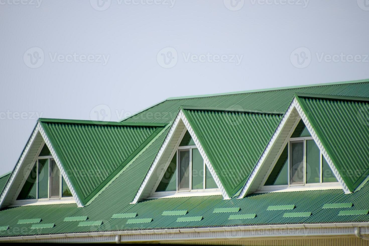 The house with plastic windows and a green roof of corrugated sh photo