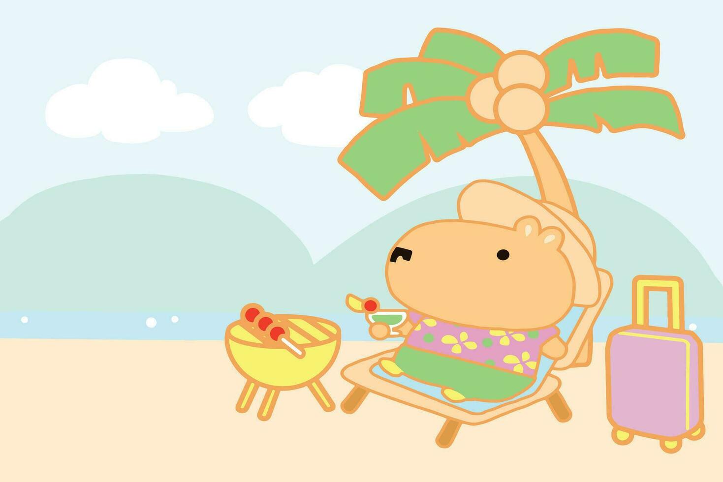 Little Capybara relaxing on the beach cartoon style. vector